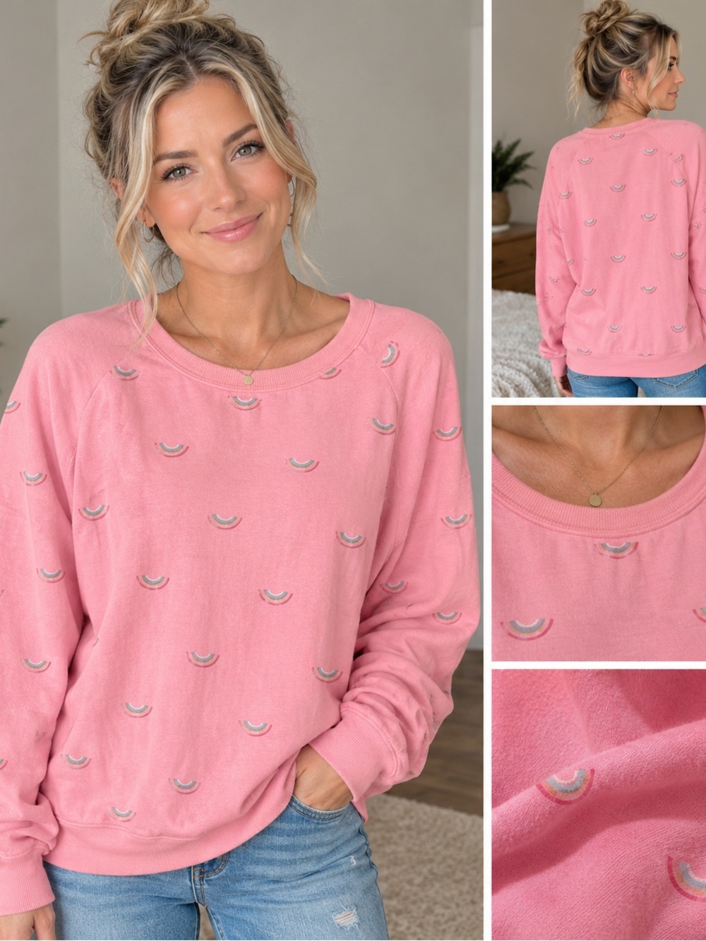 Pink Long-Sleeve Top with Rainbow Accent